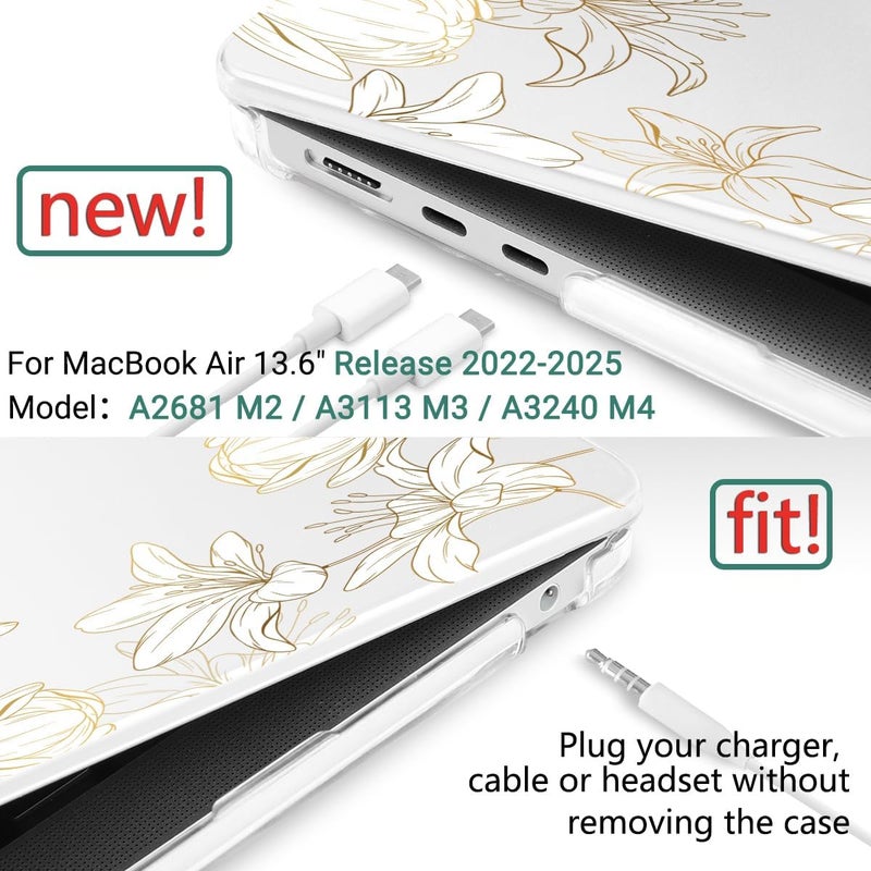 DONGKE غطاء لجهاز MacBook Air M4 مقاس 13.6 بوصة 2025 2024 2023 2022 طراز A3240 A3113 A2681 شريحة M3 M2، غلاف صلب بلاستيكي مع Touch ID لجهاز MacBook Air مقاس 13 بوصة M4 - زهور ذهبية - Image 2